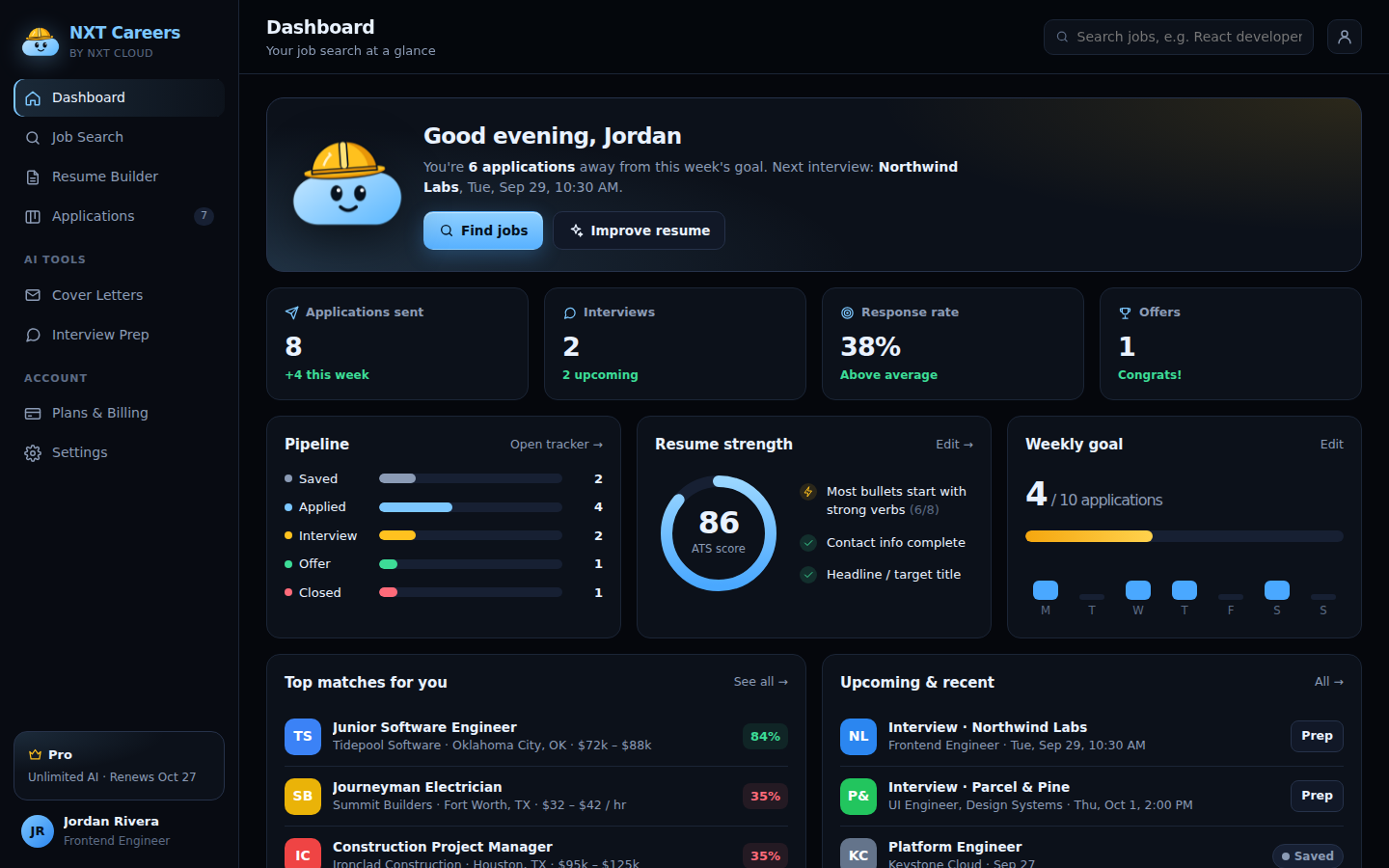 NXT Careers dashboard